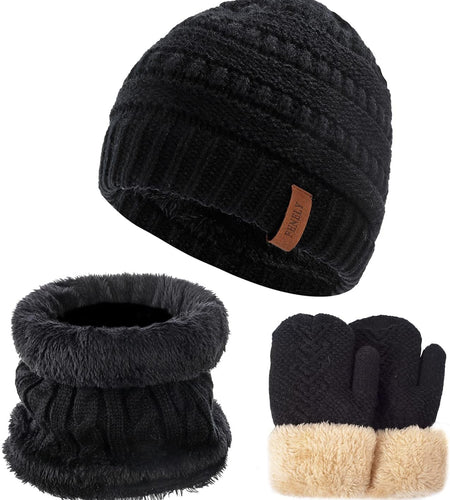 3Pcs Kids Winter Beanie Hat Scarf Gloves Set for 2-6-10-14 Years Old Boys Girls, Knit Thick Warm Fleece Lined Thermal Sets