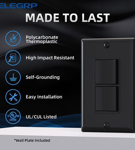 Decorator Double Rocker Light Switch, Two Single Pole Electrical Paddle, 15A 120V, In-Wall On/Off, Self-Grounding, Wall Plate Included, UL Listed (2 Pack, Glossy Black)