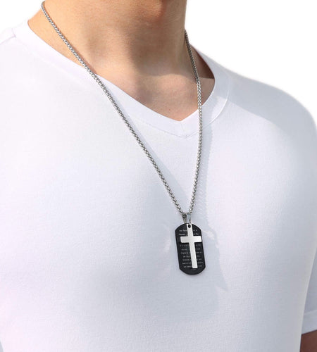 Stainless Steel Dog Tag Cross Necklace for Men Boys Lord’S Prayer/Bible Verse Pendant with Wheat Chain 24 Inches