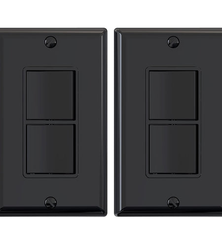 Decorator Double Rocker Light Switch, Two Single Pole Electrical Paddle, 15A 120V, In-Wall On/Off, Self-Grounding, Wall Plate Included, UL Listed (2 Pack, Glossy Black)