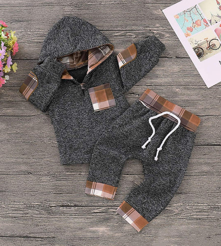 Toddler Infant Baby Boys Clothes Plaid Long Sleeve Hoodie Sweatshirt Pants Fall Winter 2Pcs Outfits Set